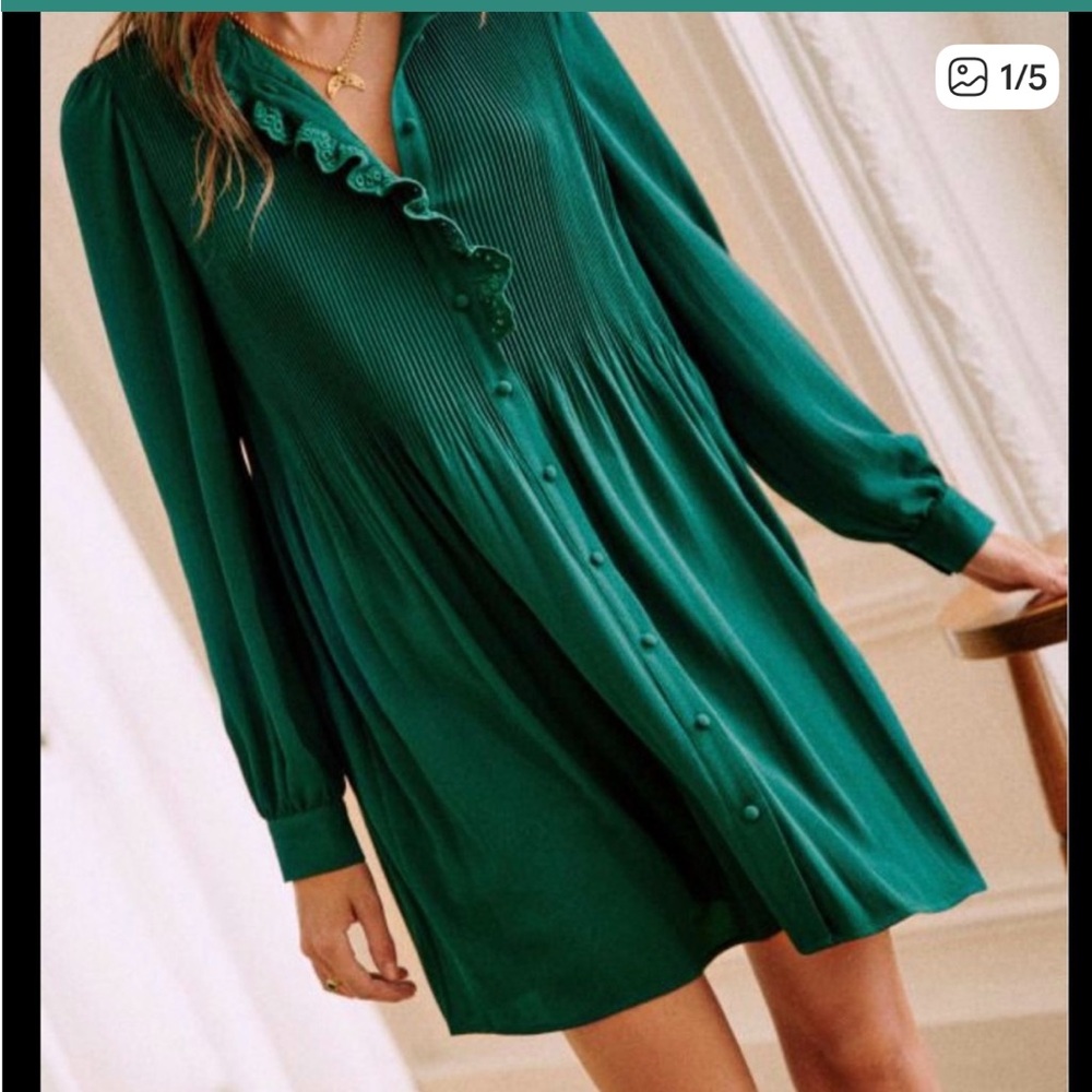 Sezane Emerald Green Pleated Button-Front Long-Sleeve Dress